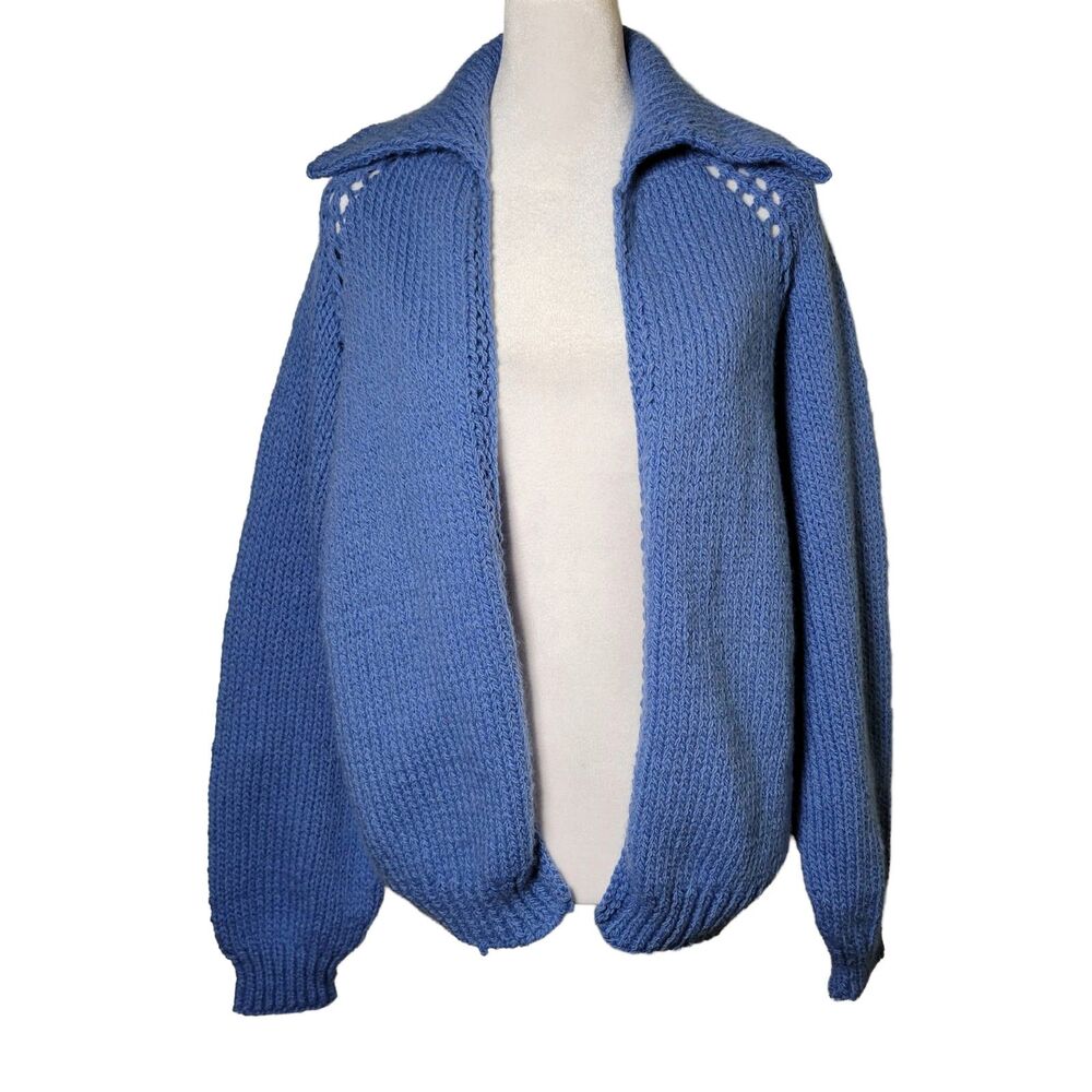 Vtg Hand Knit Cardigan Open Front Pointy Collar Slouchy M Granny Cottagecore 70s